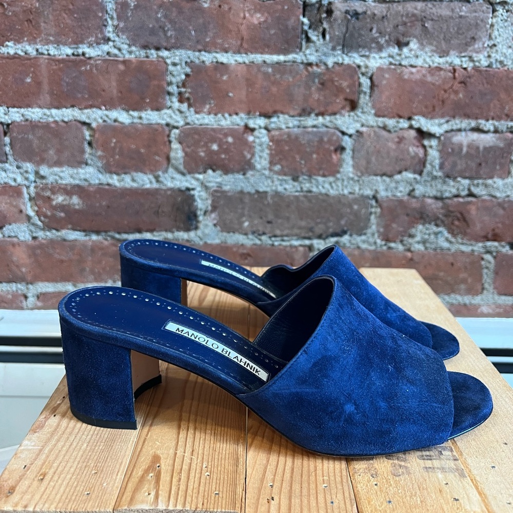 Manolo Blahnik Blue Suede Mules